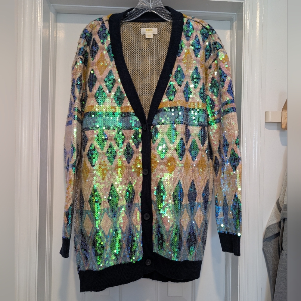 Anthropologie Iridescent Sequin Geometric Cardigan - Green, Blue, Gold, Black
